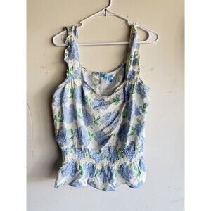 Draper James RSVP XXL Floral Tank Blouse Blue Flowers Linen Blend